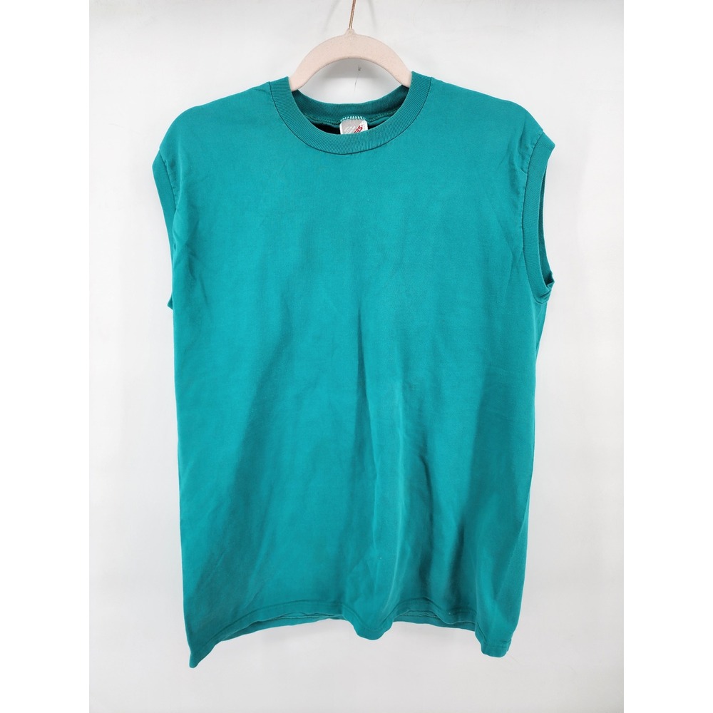 Jerzees Vintage 90s Blank Muscle T-Shirt Teal Green Made in USA Size M